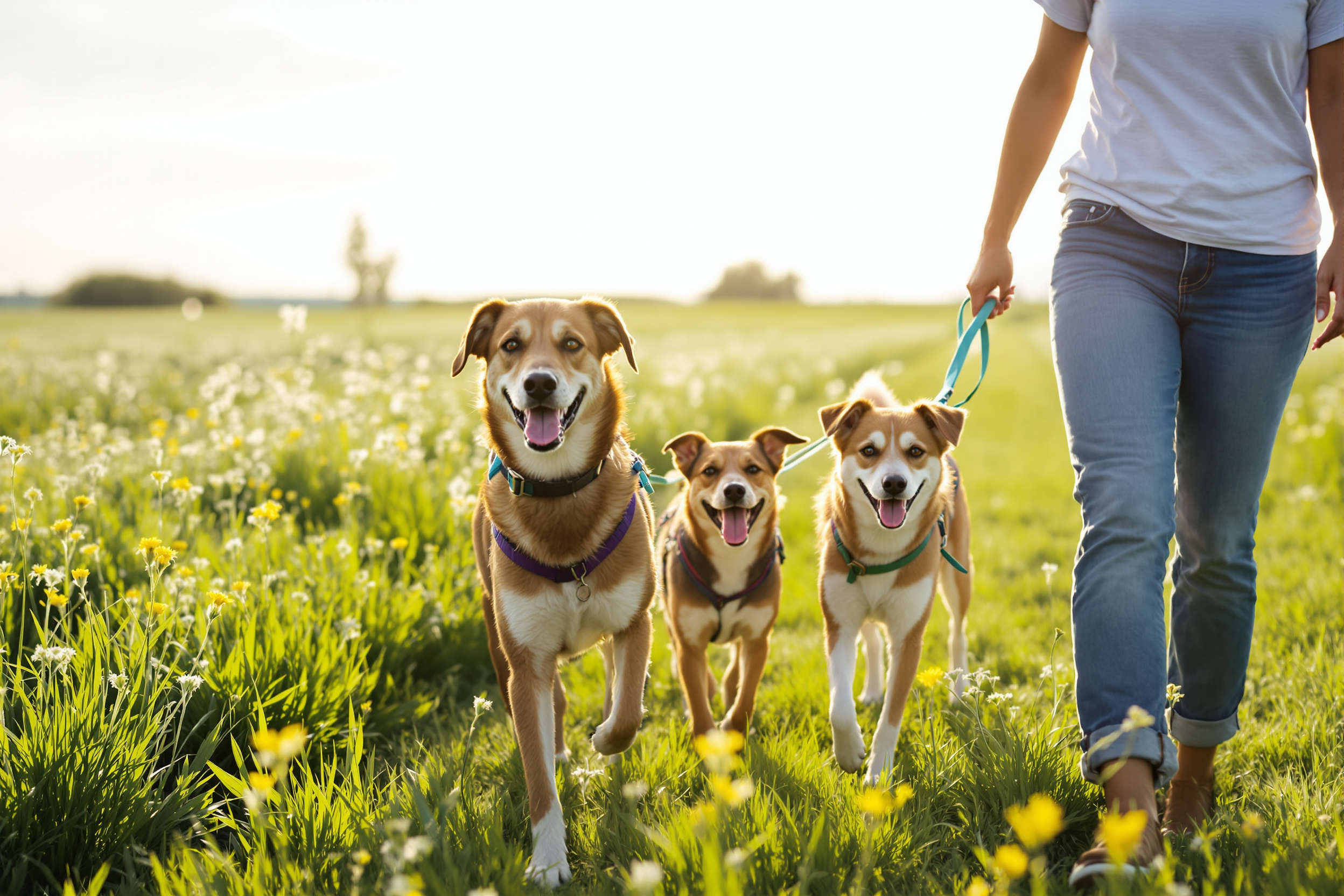 Volunteers walking rescue dogs outdoors